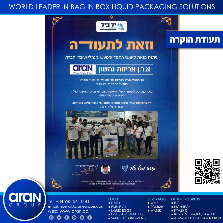 ארן לקהילה - תעודת הוקרה - חלוקת מזון למשפחות נזקקות ברמלה