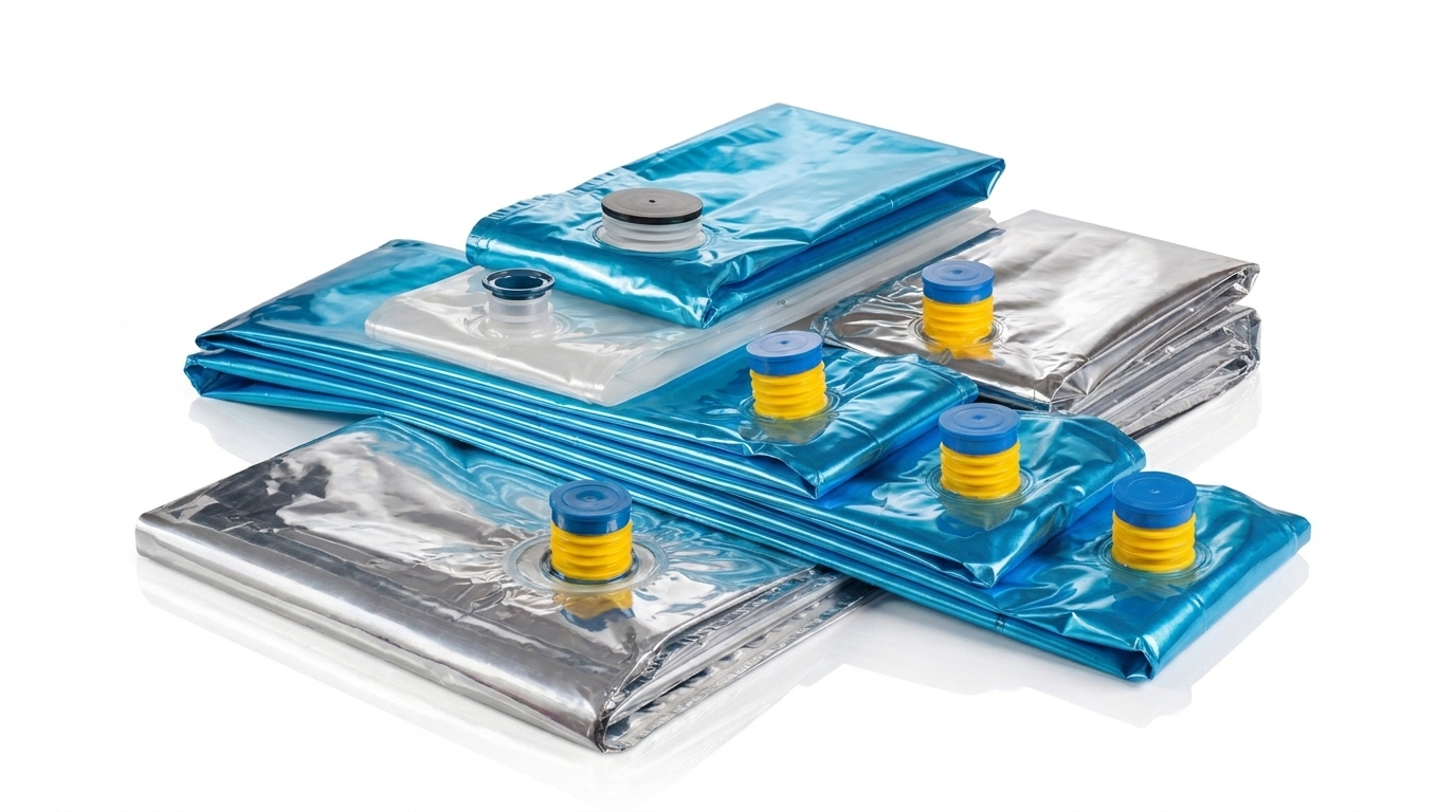 Assortment of aseptic bag-in-box bags with multilayer film structures and different fitments